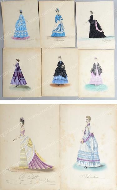 null Ensemble de huit maquettes gouachées pour gravures de mode, vers 1870-1874,...