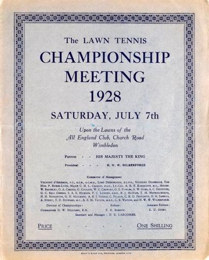 null Programme de Wimbledon 1928 pour le samedi 7 juillet. Victoire de René Lacoste...