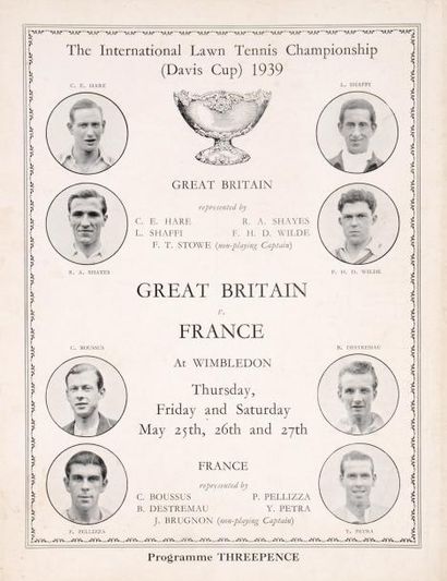 null Programme de la rencontre de Coupe Davis 1939 entre la grande Bretagne et la...
