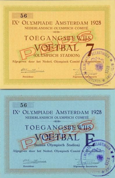 null 1928. Amsterdam Ensemble de 2 tickets d'entrée aux épreuves de football. état...