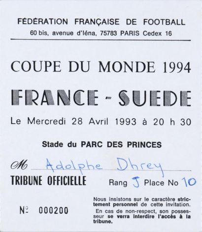 null Billet de la rencontre entre la France et la Suède le 28 avril 1993 au Parc...