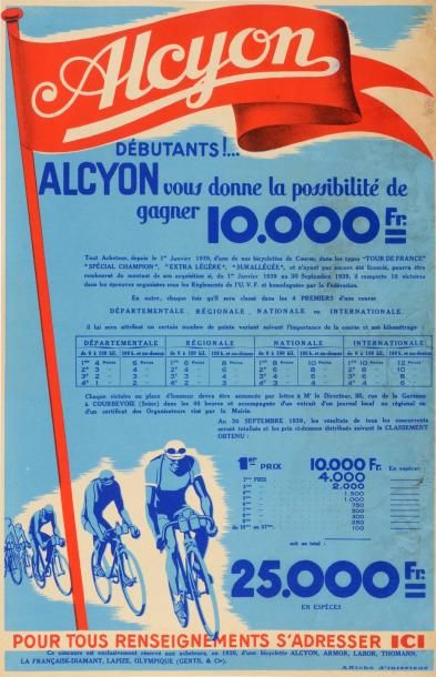 null Affiche. Concours des cycles Alcyon pour l'année 1939. Dim. 37 x 58 cm. Ent...