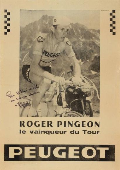 null Affiche de promotion des cycles Peugeot dans le Tour de France 1967. Signature...