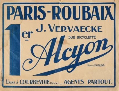 null Affichette Paris-Roubaix. vainqueur en 1930 J. Vervaecke sur bicyclette Alcyon....