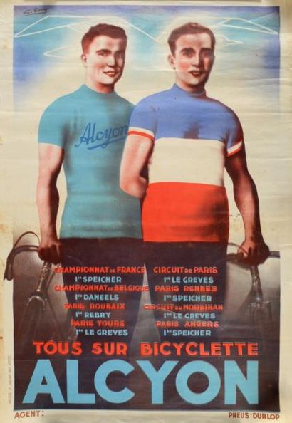 null Affiche palmarès des cycles Alcyon pour l'année 1935 avec Speicher et Le Greves....