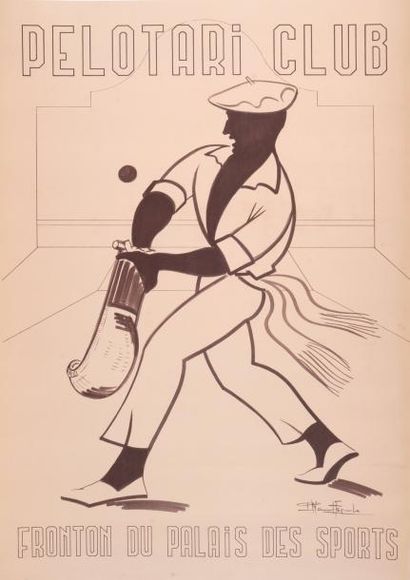 null Affiche. «Pelotari Club». Superbe illustration monochrome. Circa 1930. Signée....