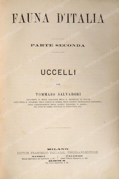 SALVADORI Tommaso Fauna d'Italia, Milan, sd [1871]. Grand in-4°, doré sur tranches,...