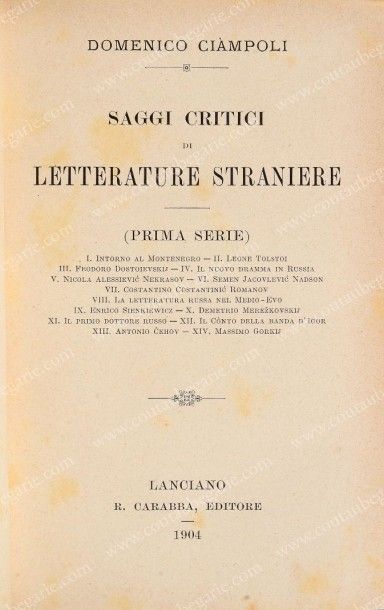 CIAMPOLI Domenico Saggi critici di letterature straniere (prima serie), Lanciano,...