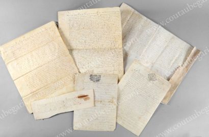 null [PIECES SUR PARCHEMIN]. Ensemble de 6 documents manuscrits rédigés sur parchemin...