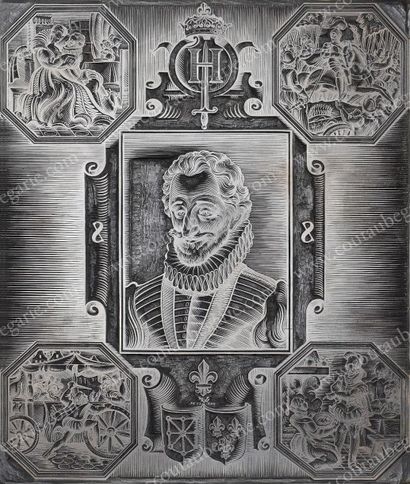 HENRI IV, roi de France Plaque en bois sculpté pour gravure, représentant au centre...