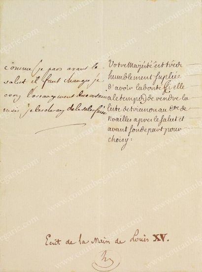 LOUIS XV, roi de France (1710-1774) Texte manuscrit de quatre lignes rédigé de la...