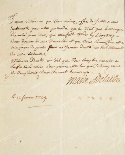 MARIE-ADELAIDE, princesse de France, dite Madame Adélaïde (1732-1800) Lettre manuscrite...