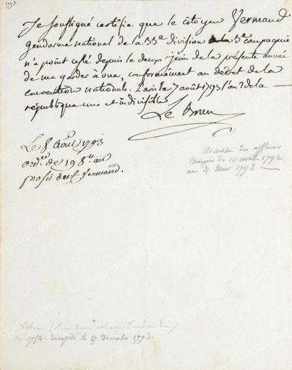 LEBRUN-TONDU Pierre Henri, dit Tondu (1754-1793) Lettre autographe signée Lebrun,...