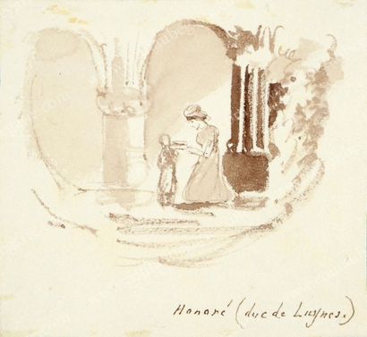 LUYNES Honore duc de (1802-1867) Jeune femme et son fils. Dessin au lavis, signé...