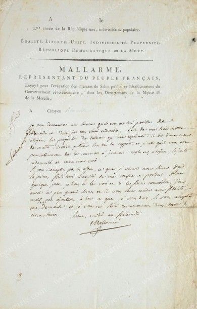 MALLARME Rene-Francois (1755-1835) Lettre autographe signée Mallarmé adressée à Monsieur...