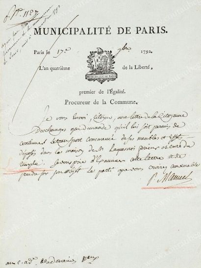 null [PRISON DU TEMPLE]. Pièce manuscrite signée Manuel P. (Pierre-Nicolas, procureur...