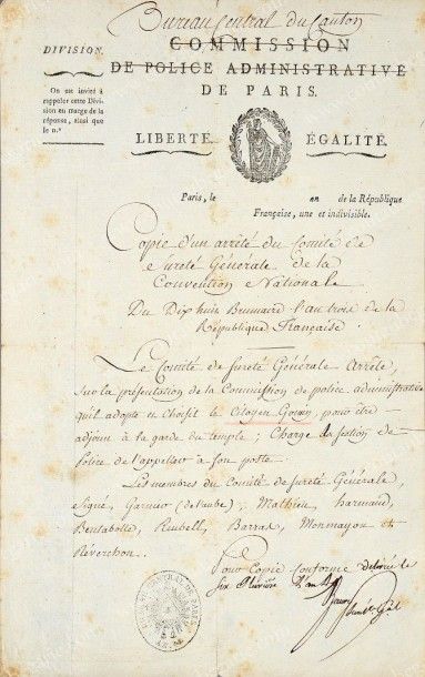 GOMIN Jean-Baptiste (1757-1841) et la prison du Temple Copie manuscrite d'époque...
