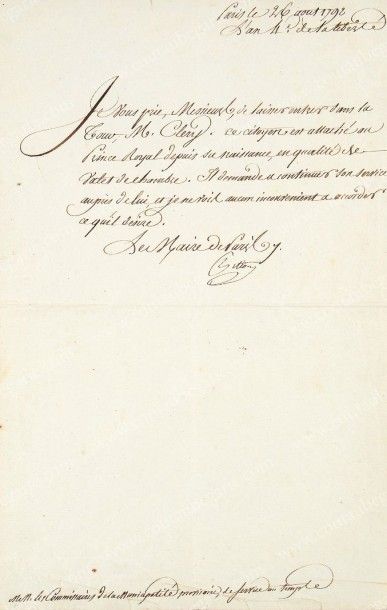 PETION DE VILLENEUVE Jerome (1756-1794) Pièce autographe signée Pétion adressée à...