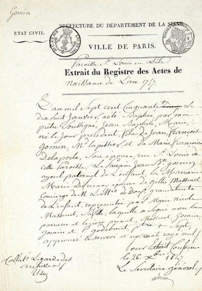 GOMIN Jean-Baptiste (1757-1841) Lettre autographe signée Gomin adressée au Vicomte...