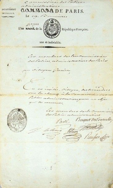 null COMMISSION DES POLICE ADMINIASTRATIVE. Pièce manuscrite signée Pasté, Bouquet...