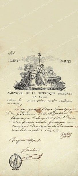 null AMBASSADE DE FRANCE EN SUISSE. Pièce manuscrite signée Bacheur, datée du 6 nivôse...