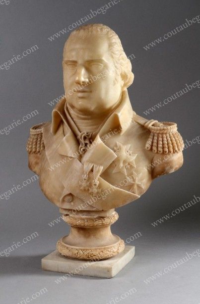 Ecole Français du XIXe siècle Buste du roi Louis XVIII. Sculpté en albâtre, reposant...