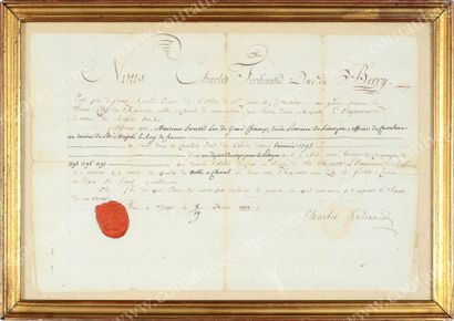 CHARLES-PHILIPPE, duc de Berry (1778-1820) Ordre de service manuscrit et signé Charles...