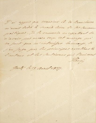 HENRI, COMTE DE CHAMBORD (1820-1883) Lettre autographe signée Henry, adressée au...