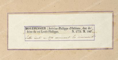 ANTOINE, duc de Montpensier Frère du roi Louis- Philippe (1775-1807). Lettre autographe...