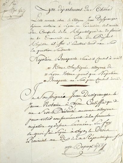 BONAPARTE NAPOLÉON Pièce concernant le vote de 1802 au sujet du consulat à vie de...