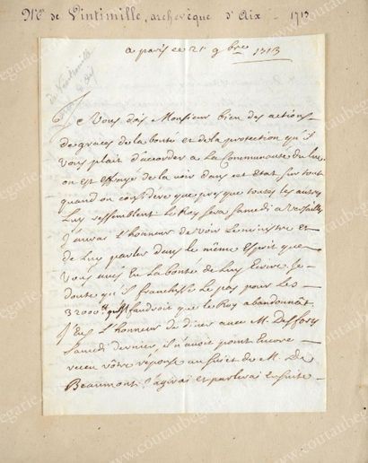 VINTIMILLE, Charles-Gaspar Archeveque d'Aix (1655-1746) Lettre manuscrite signée...