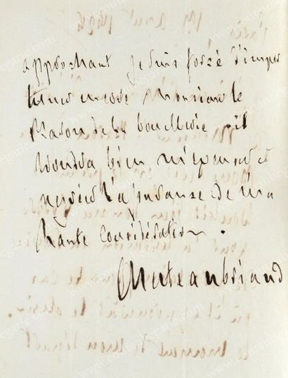 CHATEAUBRIAND François-René de (1768-1848) Lettre autographe signée Chateaubriand...