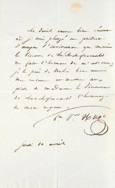 HUGO Victor (1802-1885) Lettre autographe signée V. Hugo, adressée au Vicomte Sosthène...