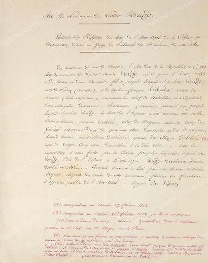 HUGO Victor (1802-1885) Copie manuscrite ancienne de l'acte de naissance de Victor...