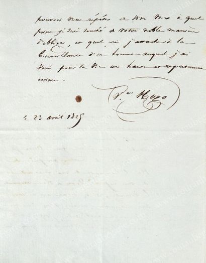HUGO Victor (1802-1885) Lettre autographe signée V Hugo, adressée au Vicomte Sosthène...