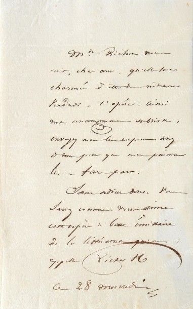 HUGO Victor (1802-1885) Lettre autographe signée Victor H, adressée au Vicomte Alcide...