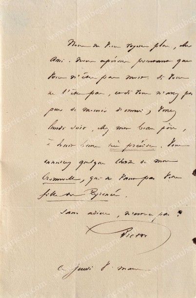 HUGO Victor (1802-1885) Lettre autographe signée Victor, adressée au Vicomte Alcide...