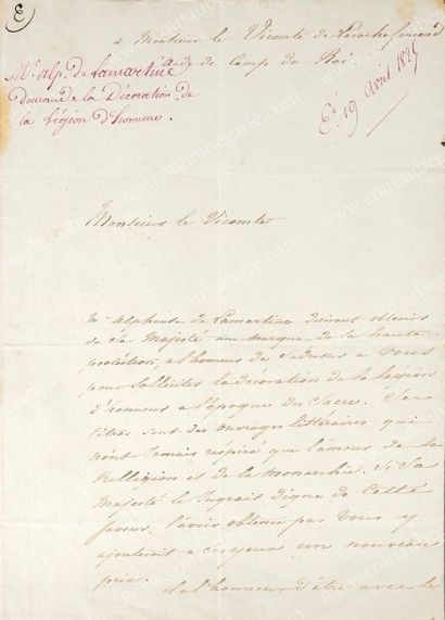 LAMARTINE Alphonse de (1790-1869) Copie manuscrite de la demande officielle faite...