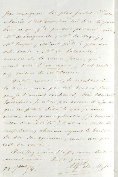 MUSSET Alfred de (1810-1857) Lettre autographe signée Alfd de Musset, adressée au...