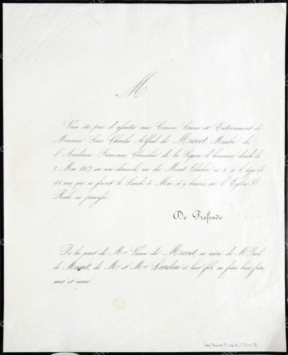 MUSSET Alfred de (1810-1857) Faire-part de décès, datée du 2 mai 1857, établis au...
