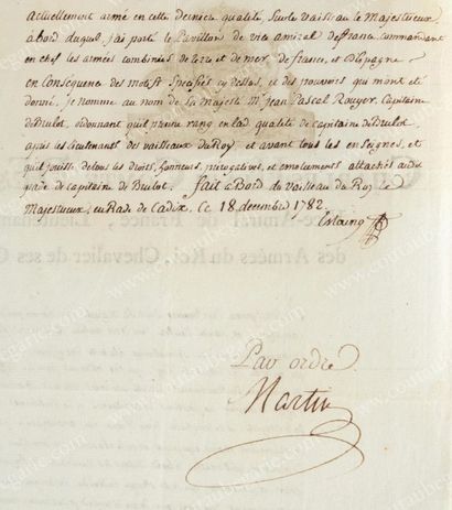 ESTAING Charles Comte d' (1729-1794) Lettre manuscrite signée Estaing, et contresignée...