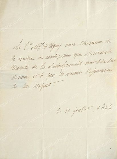 VIGNY Alfred de (1797-1863) Lettre autographe non signée, adressée au Vicomte Sosthène...