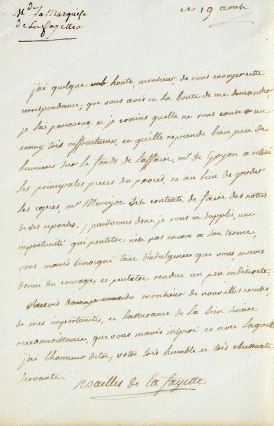 LAFAYETTE Adrienne marquise de la, née de Noailles (1759-1807) Lettre autographe...