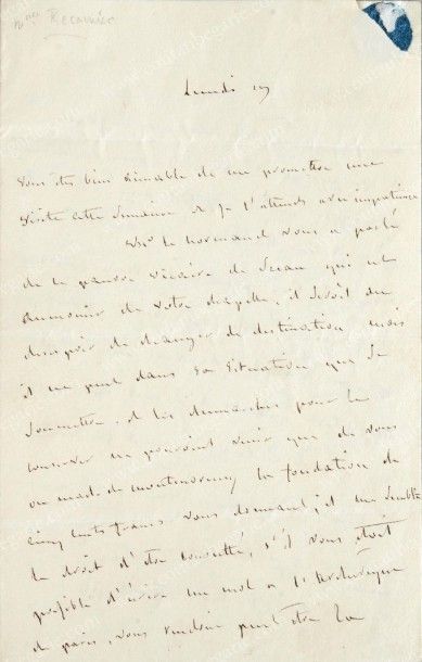RECAMIER Juliette (1777-1849) Dossier contenant deux lettres autographes, dont l'une...