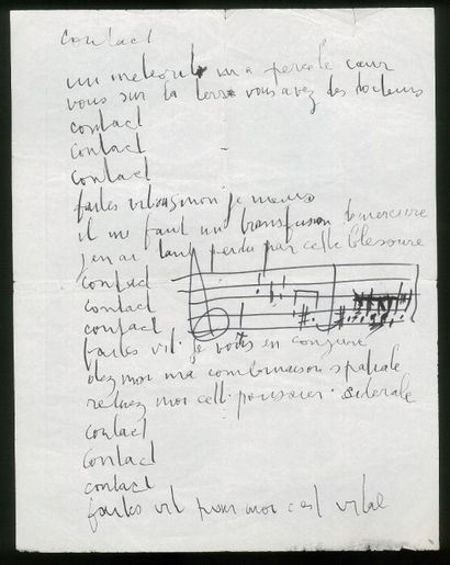 Serge GAINSBOURG Contact. Manuscrit original de la chanson "Contact" écrite pour...