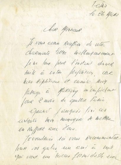PIAF, Edith Une lettre manuscrite, signée et datée du 6 mars (1953?), dans laquelle...