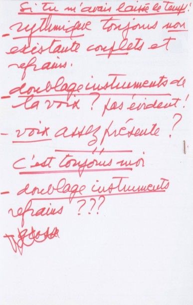 null Un ensemble de 4 documents manuscrits, d'annotations de Claude François et notes...