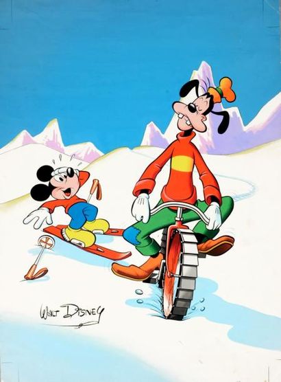 DISNEY (Studios) Mickey et Pluto au Ski. Gouache pour cette couverture réalisée pour...
