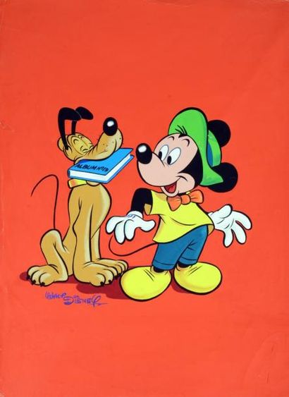 DISNEY (Studios) Mickey et Pluto sur fond rouge. Gouache pour cette couverture réalisée...