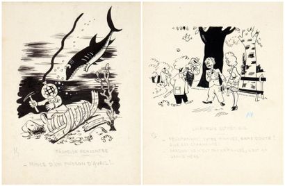 GERVY Encre de chine pour deux dessins humoristiques «Facheuse rencontre» & «Chirurgie»...